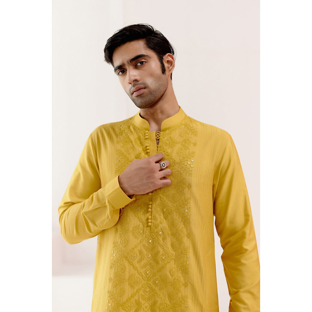 Devnaagri Mustard Cotton Silk Blend Fully Embroidered Kurta (Set of 2)