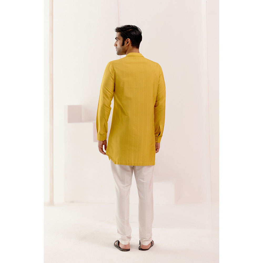 Devnaagri Mustard Cotton Silk Blend Fully Embroidered Kurta (Set of 2)