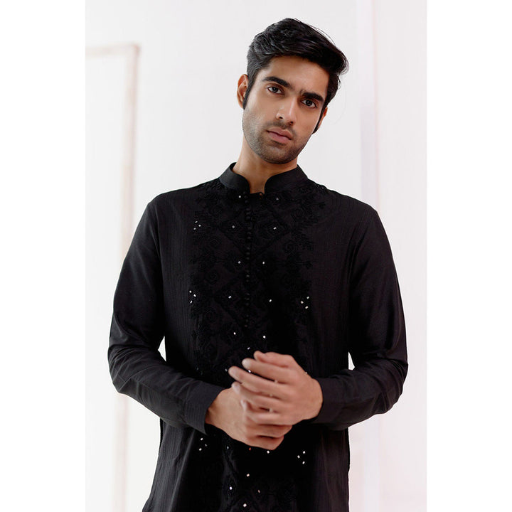 Devnaagri Black Cotton Silk Blend Fully Embroidered Kurta (Set of 2)