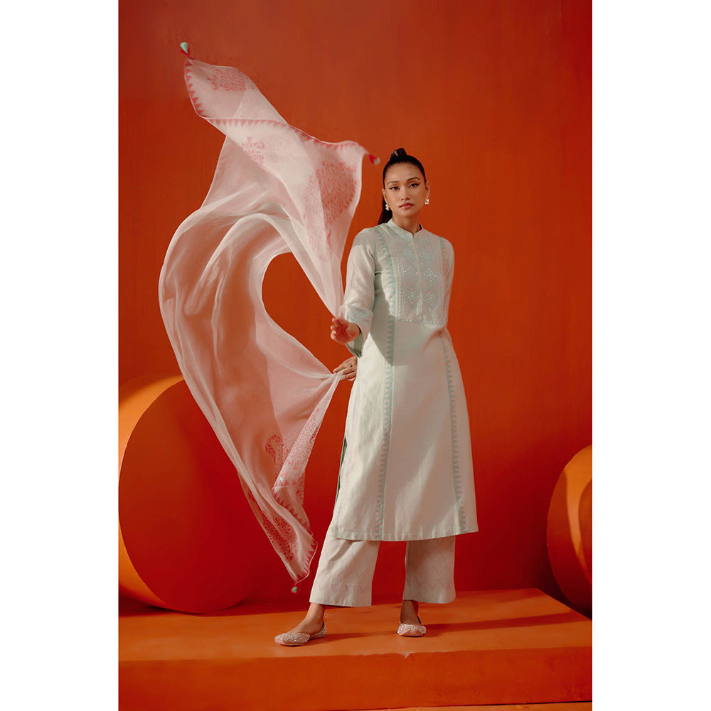 Devnaagri Aqua Blue Silk Chanderi Embroidered Palazzo (Set of 3)