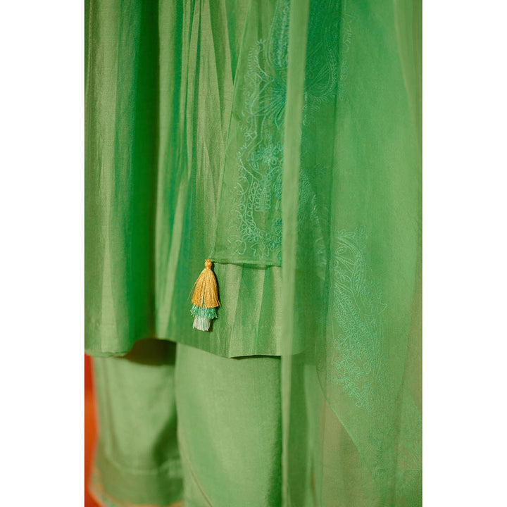 Devnaagri Green Silk Chanderi Patra Embellished Palazzo (Set of 3)