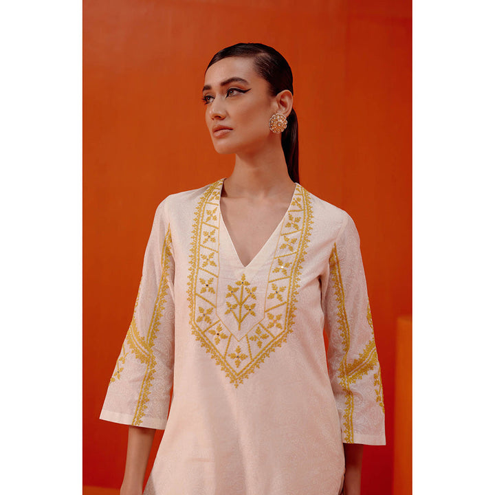 Devnaagri Ivory & Mustard Embroidered Palazzo (Set of 3)