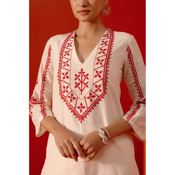 Devnaagri Ivory & Red Embroidered Palazzo (Set of 3)