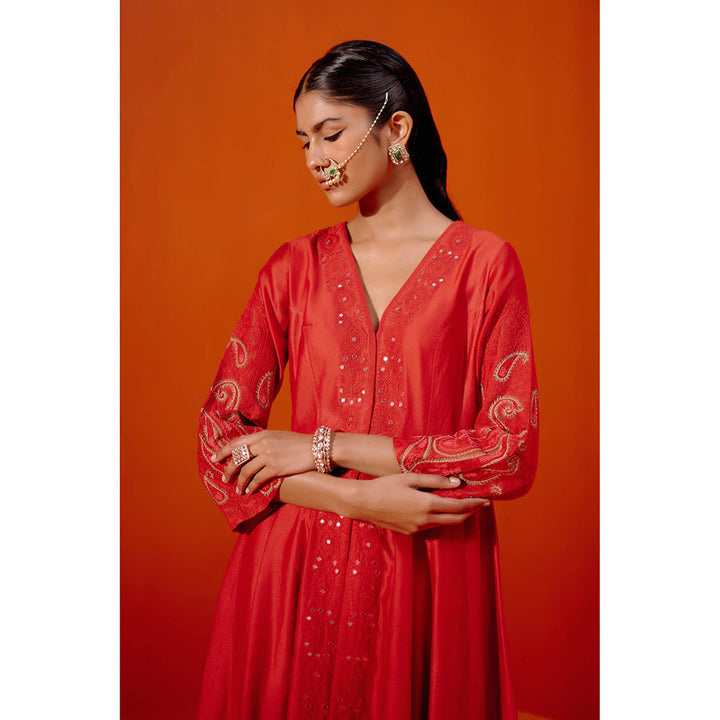 Devnaagri Red Embroidered Anarkali (Set of 3)