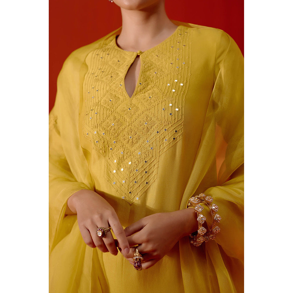 Devnaagri Mustard Embroidered Silk Chanderi Kurta (Set of 3)