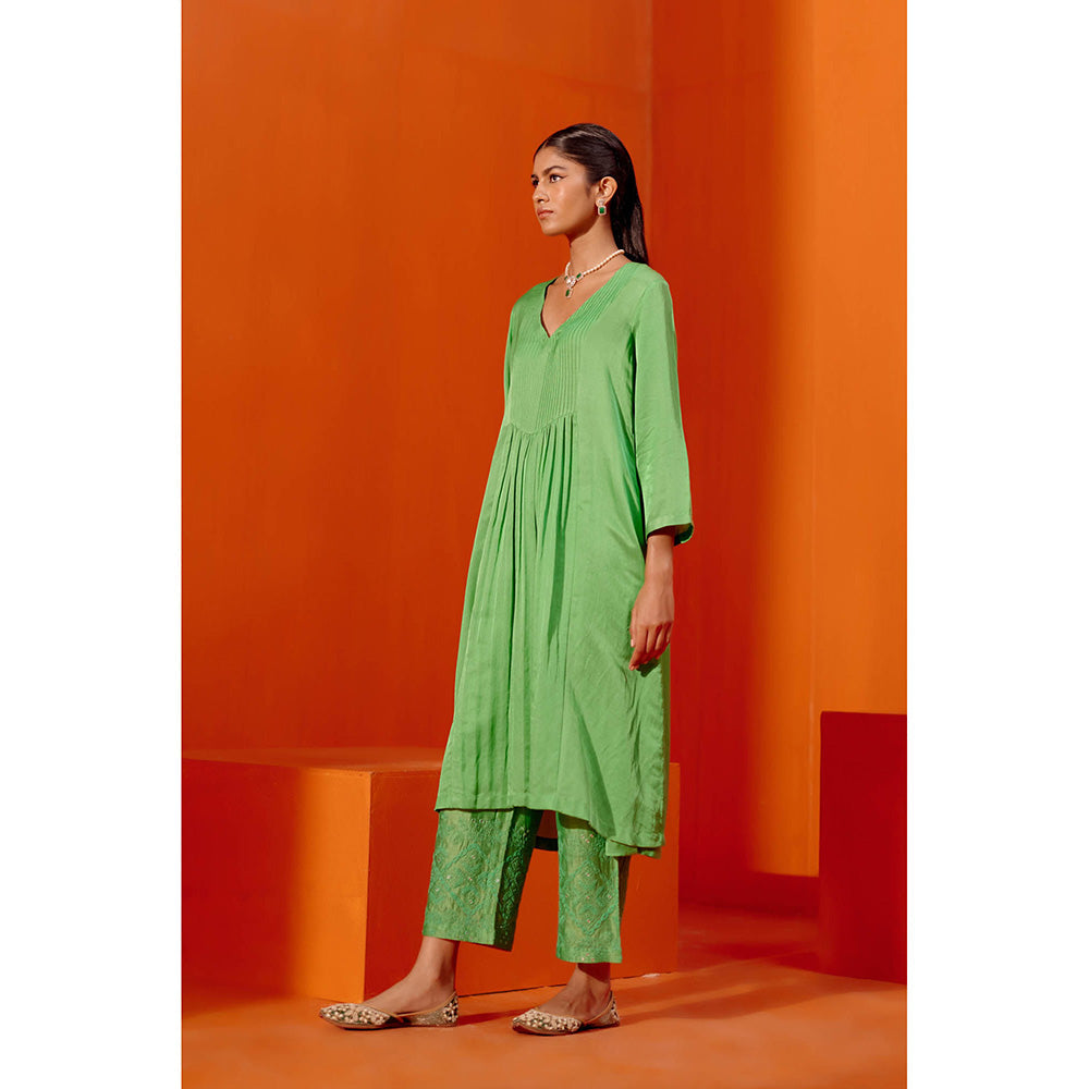 Devnaagri Green Cotton Silk Satin Kurta with Palazzo (Set of 3)