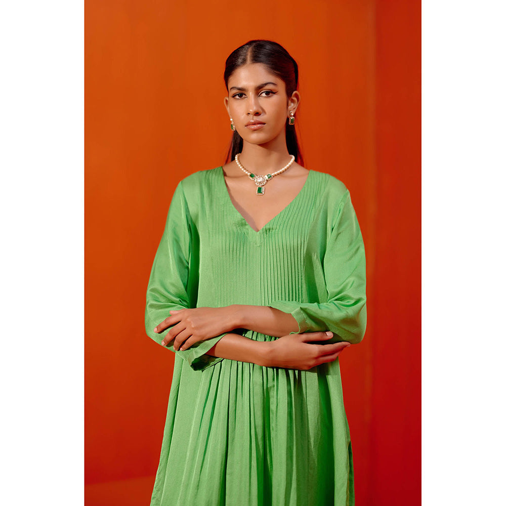 Devnaagri Green Cotton Silk Satin Kurta with Palazzo (Set of 3)