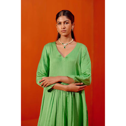 Devnaagri Green Cotton Silk Satin Kurta with Palazzo (Set of 3)