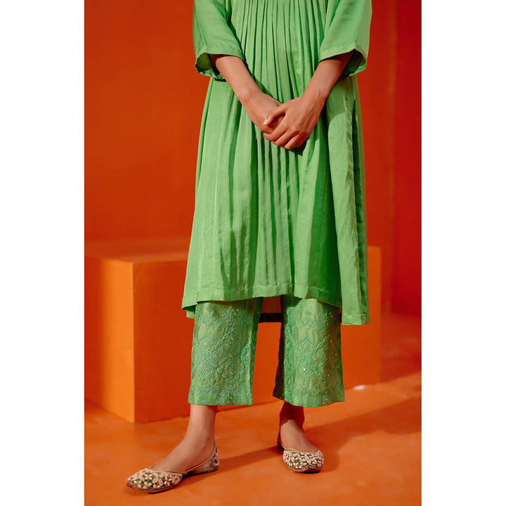 Devnaagri Green Cotton Silk Satin Kurta with Palazzo (Set of 3)