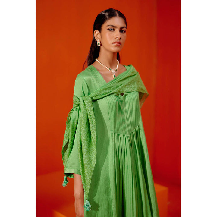 Devnaagri Green Cotton Silk Satin Kurta with Palazzo (Set of 3)