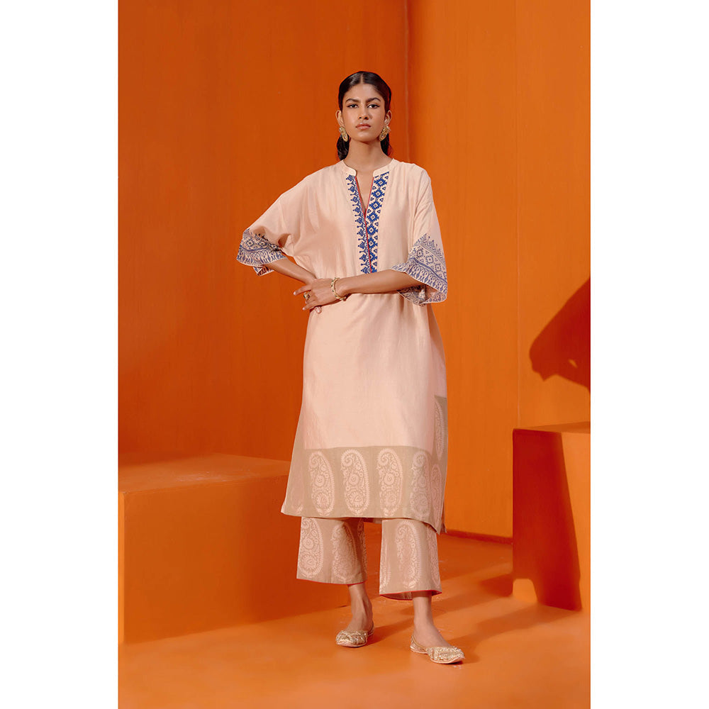 Devnaagri Beige & Blue Block Print Embroidered Kaftan (Set of 3)