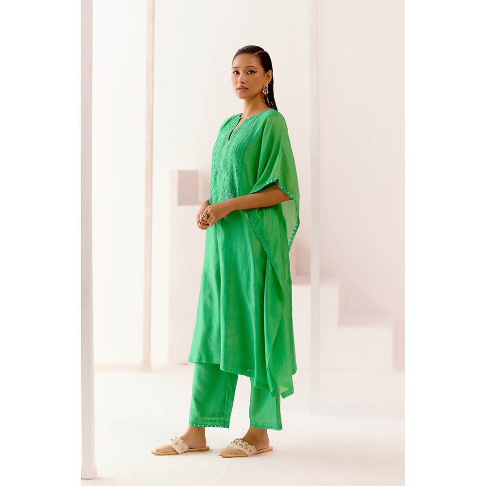 Devnaagri Green Silk Chanderi Embroidered Kaftan (Set of 3)