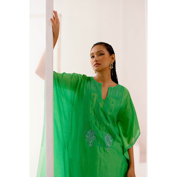 Devnaagri Green Silk Chanderi Embroidered Kaftan (Set of 3)