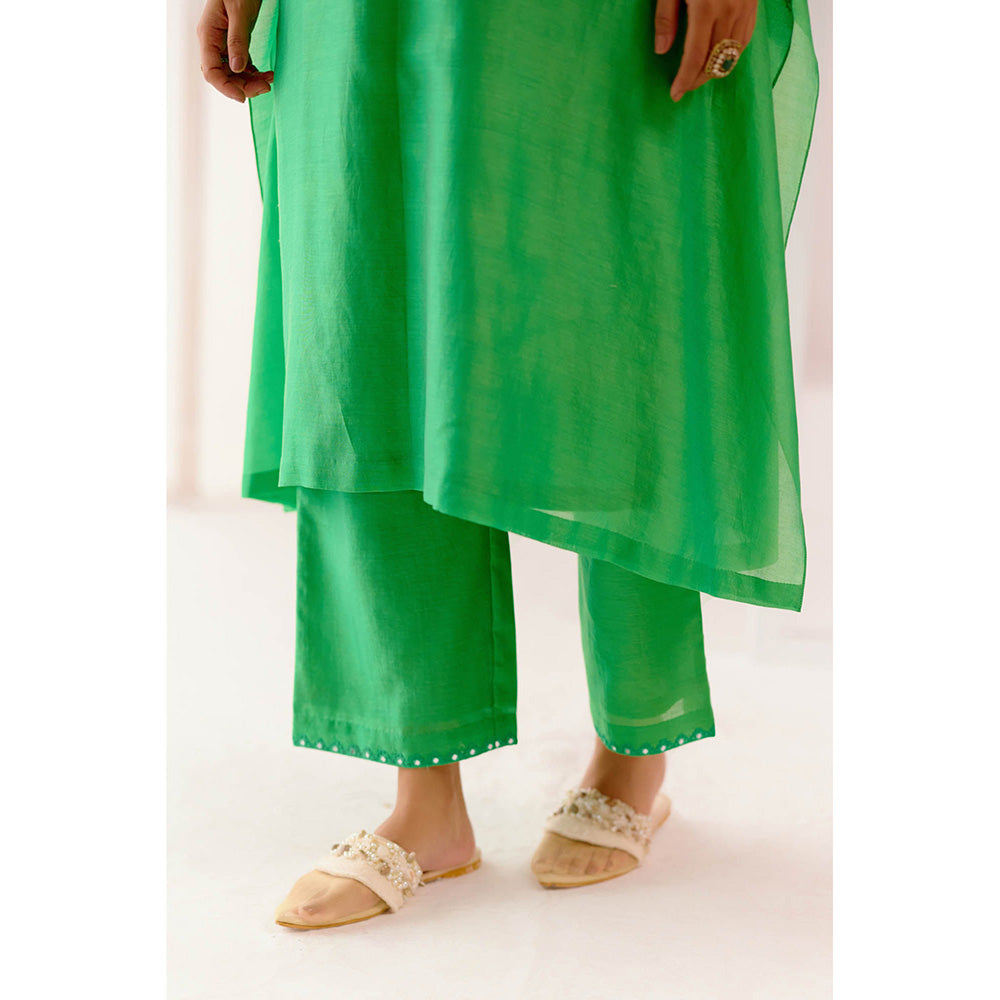 Devnaagri Green Silk Chanderi Embroidered Kaftan (Set of 3)