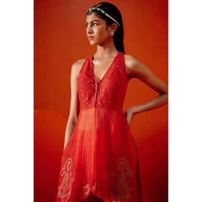 Devnaagri Red Multi Hued Dori Embroidered Sharara (Set of 3)