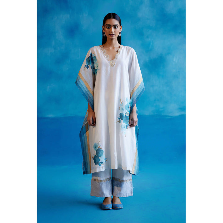 Devnaagri White And Blue Silk Hand Painted Embroidered Kaftan with Pant and Slip (Set of 3)