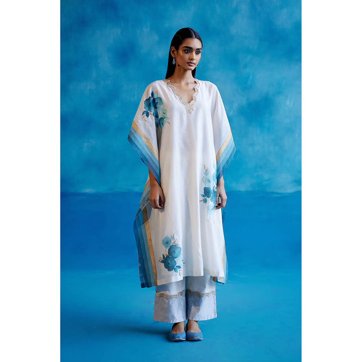 Devnaagri White And Blue Silk Hand Painted Embroidered Kaftan with Pant and Slip (Set of 3)