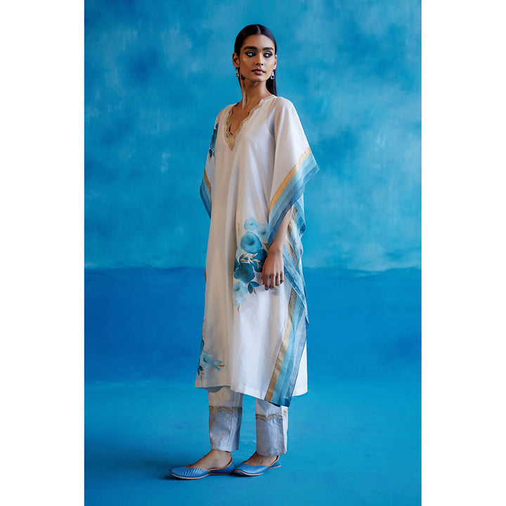 Devnaagri White And Blue Silk Hand Painted Embroidered Kaftan with Pant and Slip (Set of 3)