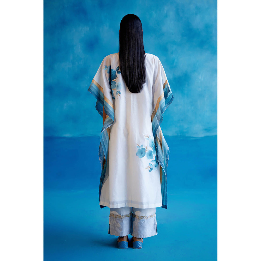 Devnaagri White And Blue Silk Hand Painted Embroidered Kaftan with Pant and Slip (Set of 3)