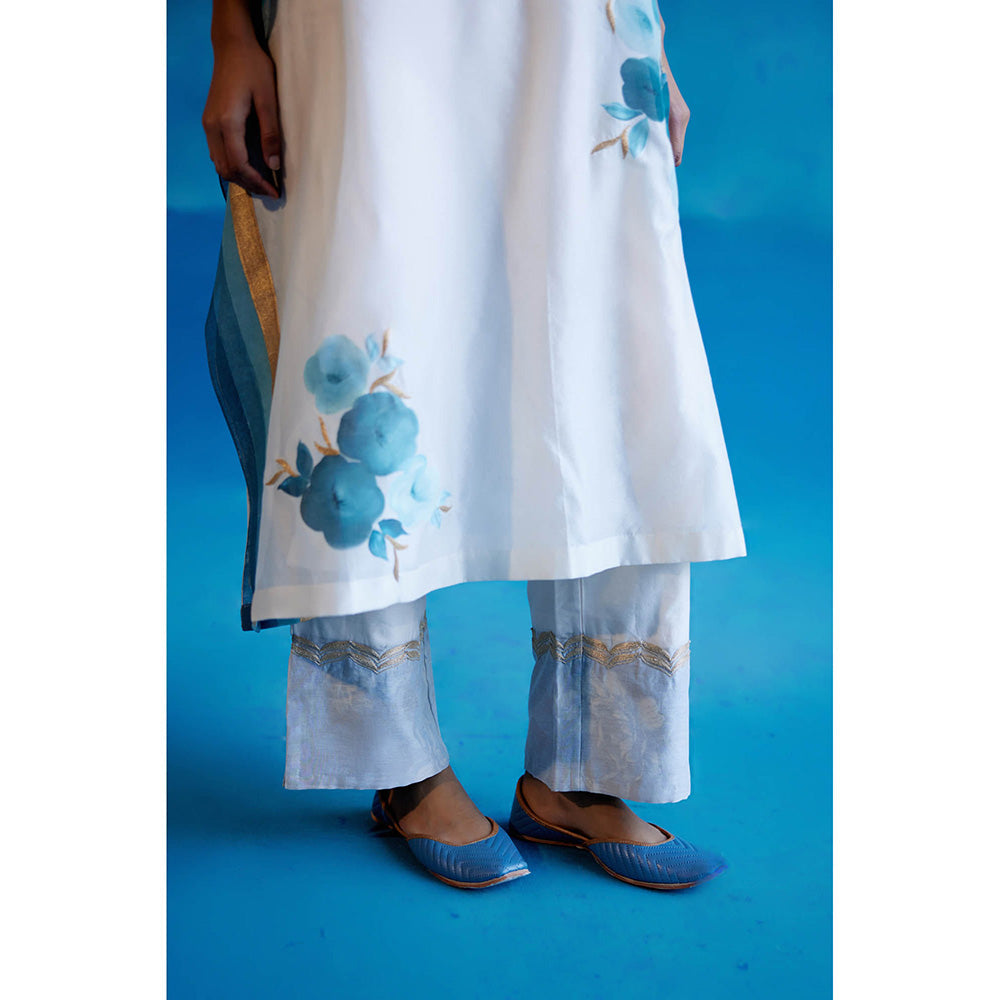 Devnaagri White And Blue Silk Hand Painted Embroidered Kaftan with Pant and Slip (Set of 3)