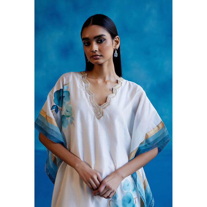 Devnaagri White And Blue Silk Hand Painted Embroidered Kaftan with Pant and Slip (Set of 3)