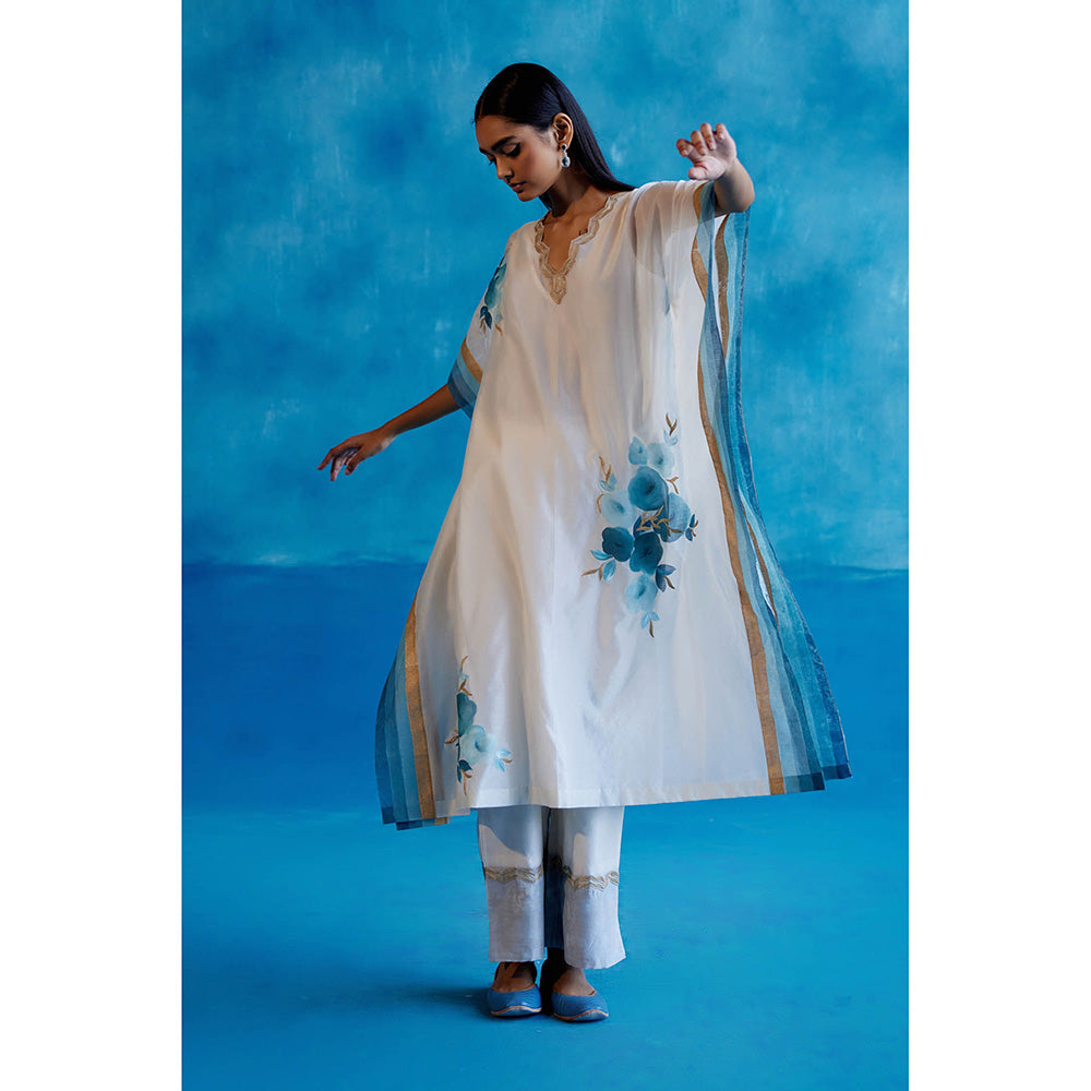 Devnaagri White And Blue Silk Hand Painted Embroidered Kaftan with Pant and Slip (Set of 3)