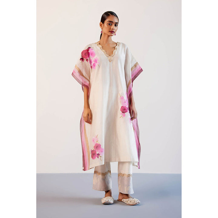 Devnaagri White And Pink Silk Hand Painted Embroidered Kaftan with Pant and Slip (Set of 3)