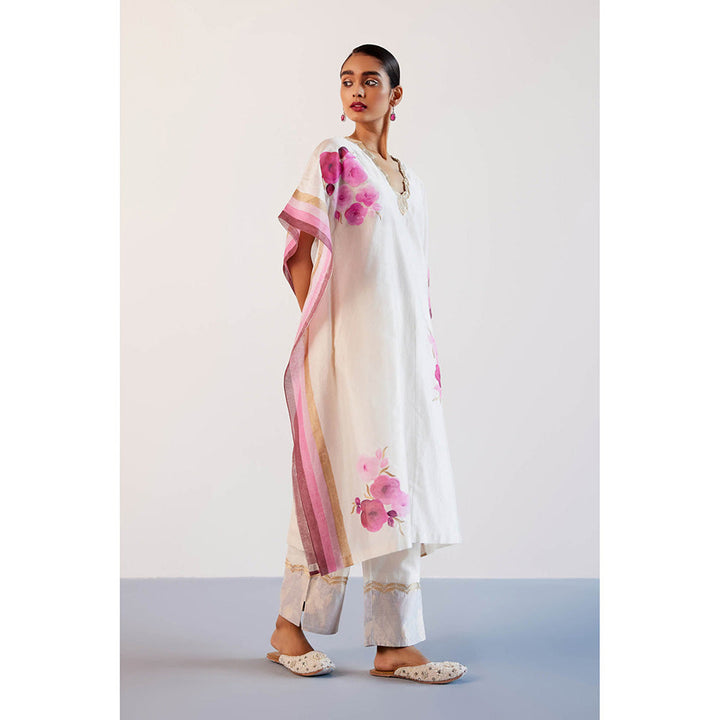 Devnaagri White And Pink Silk Hand Painted Embroidered Kaftan with Pant and Slip (Set of 3)