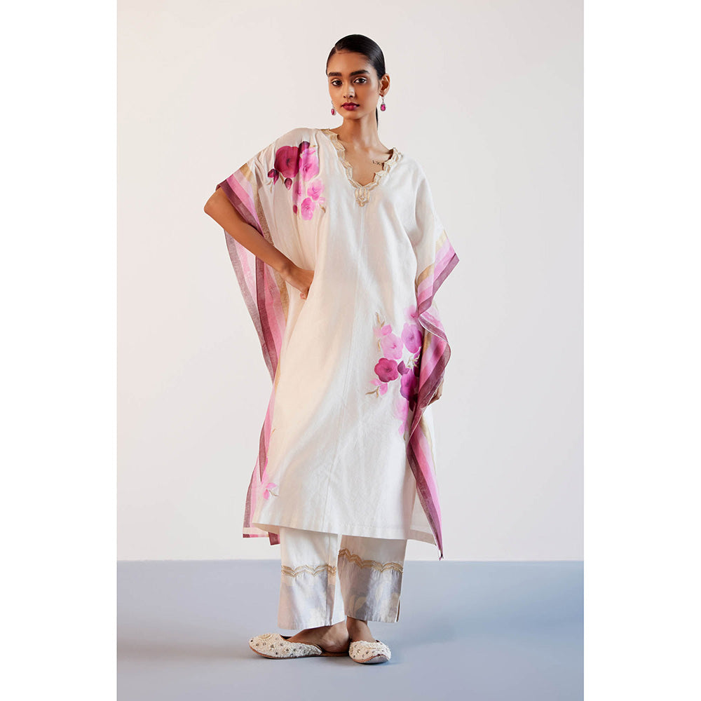 Devnaagri White And Pink Silk Hand Painted Embroidered Kaftan with Pant and Slip (Set of 3)