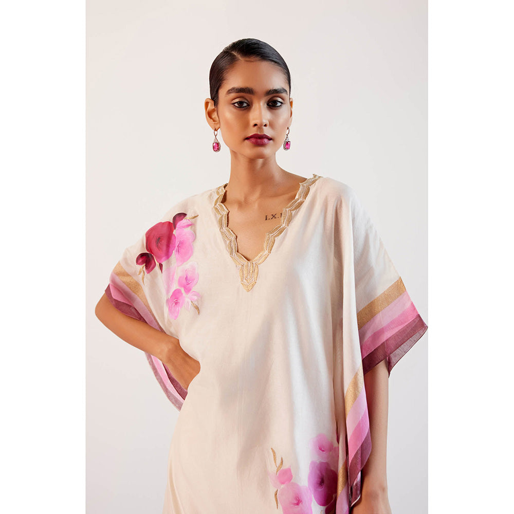 Devnaagri White And Pink Silk Hand Painted Embroidered Kaftan with Pant and Slip (Set of 3)