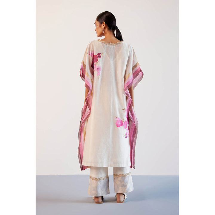 Devnaagri White And Pink Silk Hand Painted Embroidered Kaftan with Pant and Slip (Set of 3)