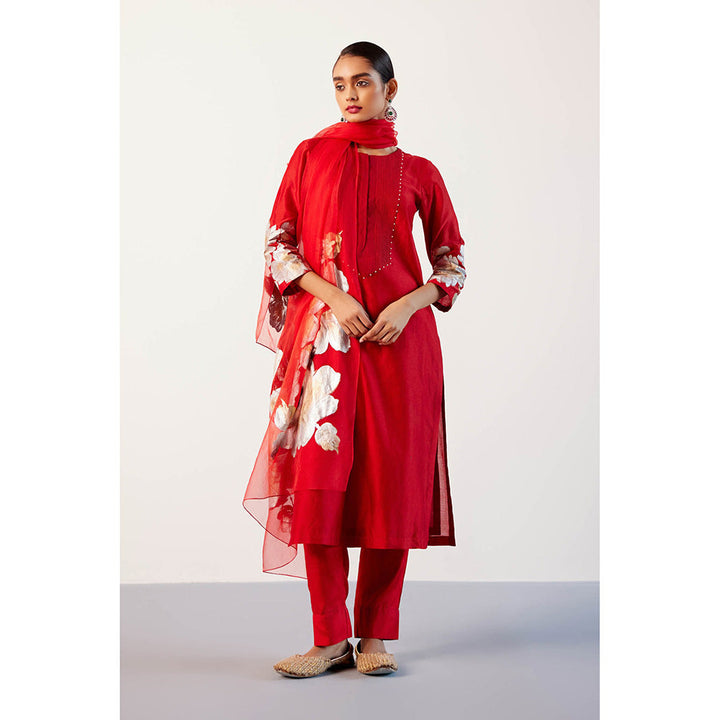 Devnaagri Red Silk Chanderi Hand Painted Kurta with Pant and Dupatta (Set of 3)