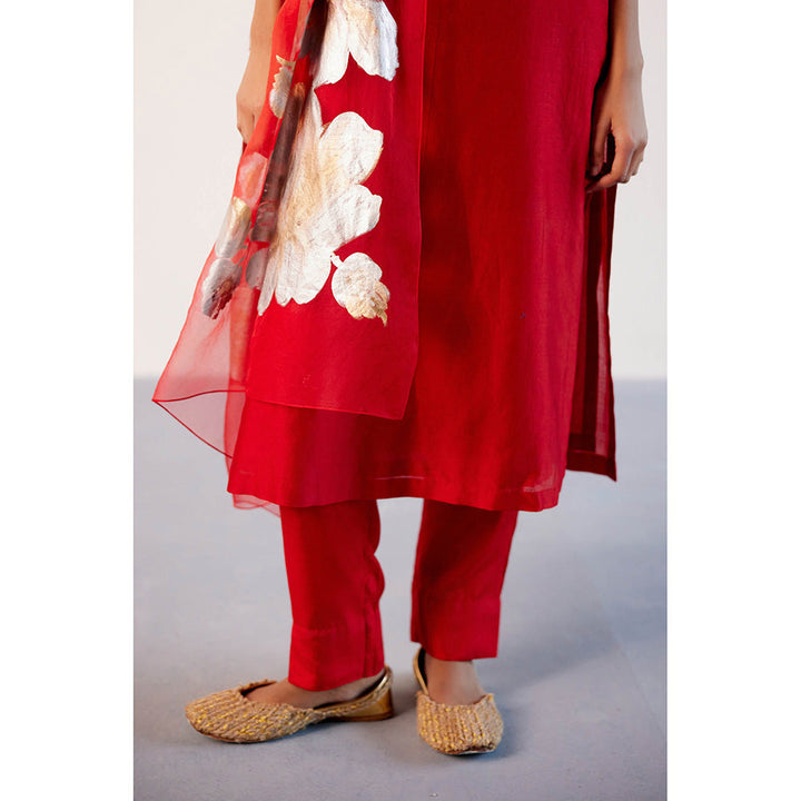 Devnaagri Red Silk Chanderi Hand Painted Kurta with Pant and Dupatta (Set of 3)