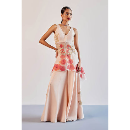 Devnaagri Blush Pink Silk Hand Painted Embroidered Kurta with Sharara and Dupatta (Set of 3)