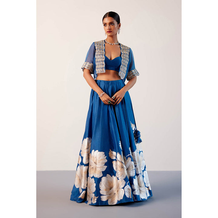 Devnaagri Blue Silk Chanderi Hand Painted Lehenga with Blouse and Jacket (Set of 3)