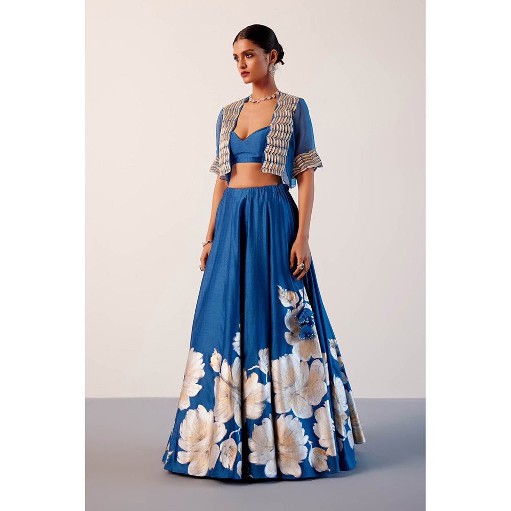 Devnaagri Blue Silk Chanderi Hand Painted Lehenga with Blouse and Jacket (Set of 3)