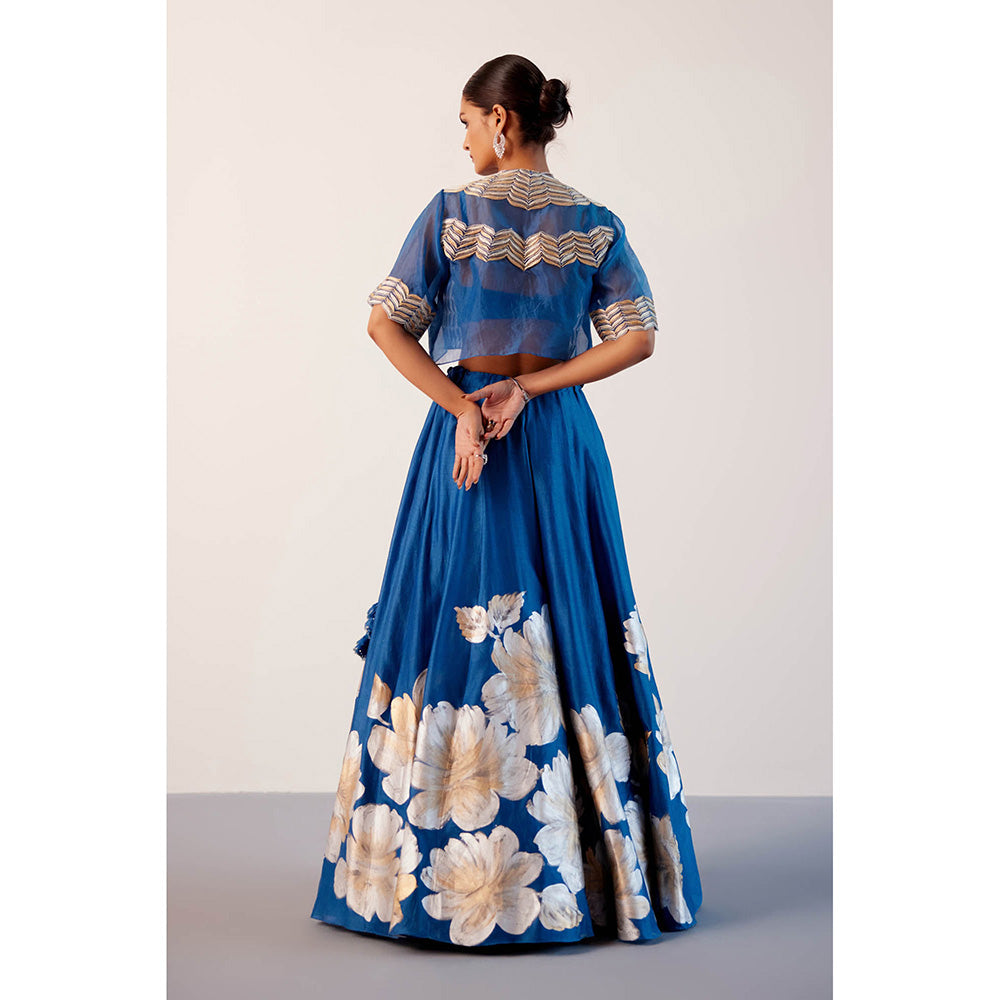 Devnaagri Blue Silk Chanderi Hand Painted Lehenga with Blouse and Jacket (Set of 3)