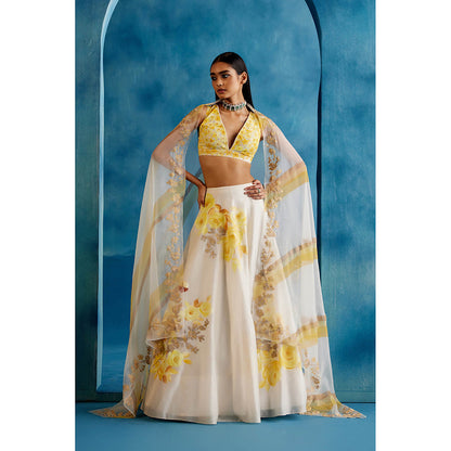 Devnaagri Ivory And Yellow Silk Chanderi Hand Painted Embroidered Lehenga (Set of 3)