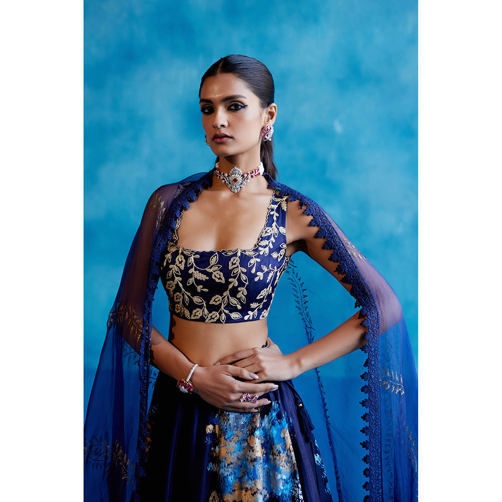 Devnaagri Navy Blue Silk Chanderi Hand Painted Lehenga (Set of 3)