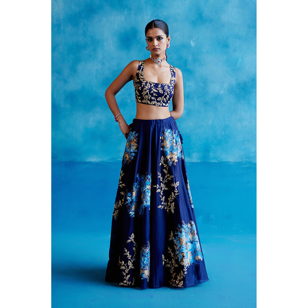 Devnaagri Navy Blue Silk Chanderi Hand Painted Lehenga (Set of 3)