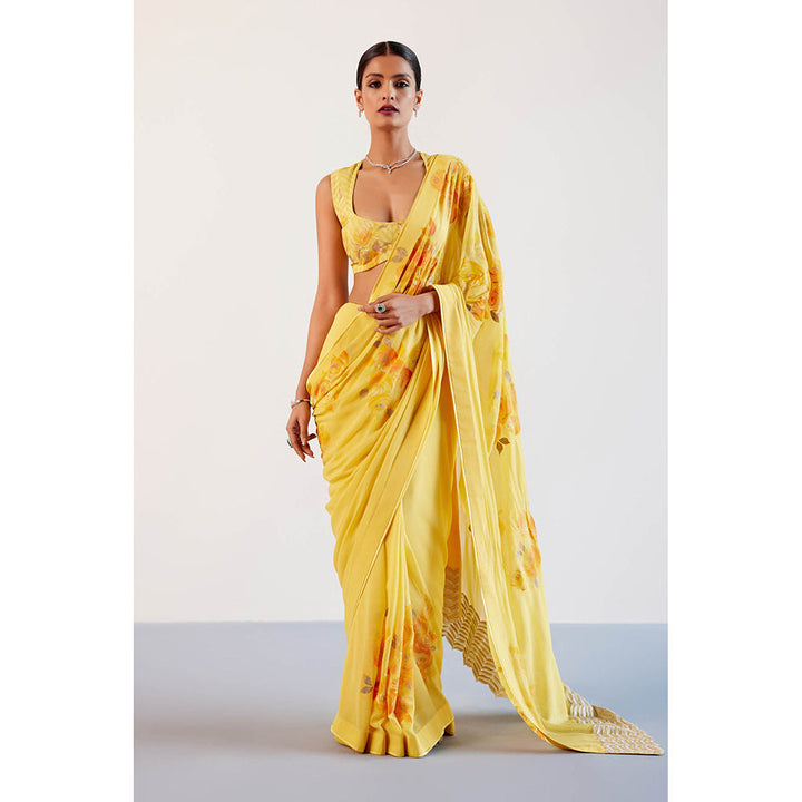 Devnaagri Yellow Hand Painted Embroidered Saree with Stitched Blouse