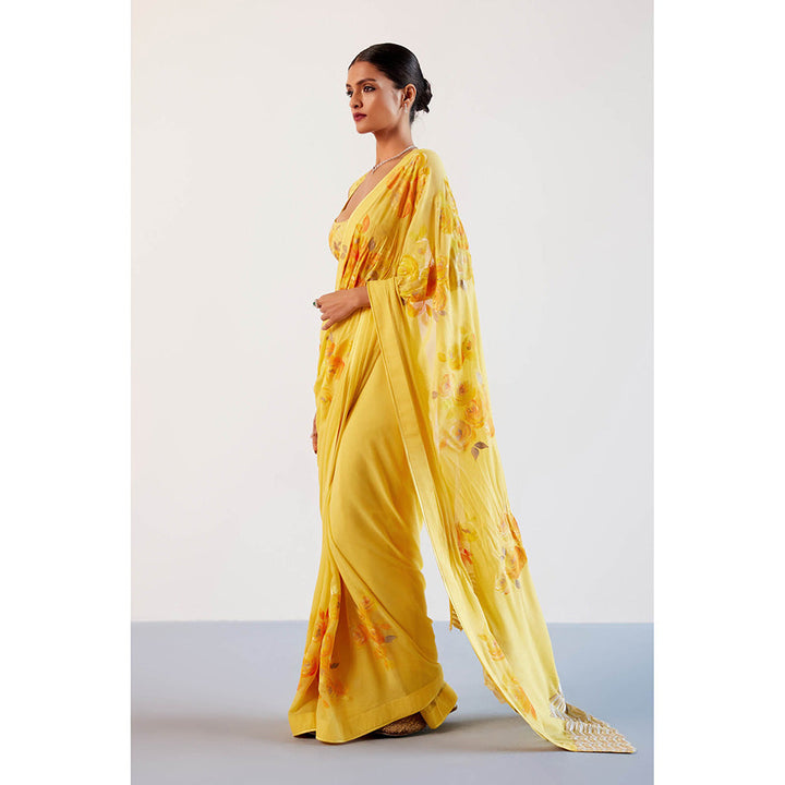 Devnaagri Yellow Hand Painted Embroidered Saree with Stitched Blouse