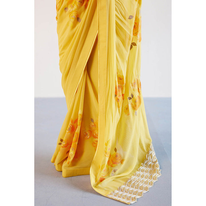 Devnaagri Yellow Hand Painted Embroidered Saree with Stitched Blouse