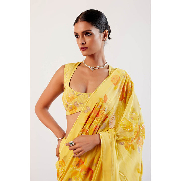 Devnaagri Yellow Hand Painted Embroidered Saree with Stitched Blouse