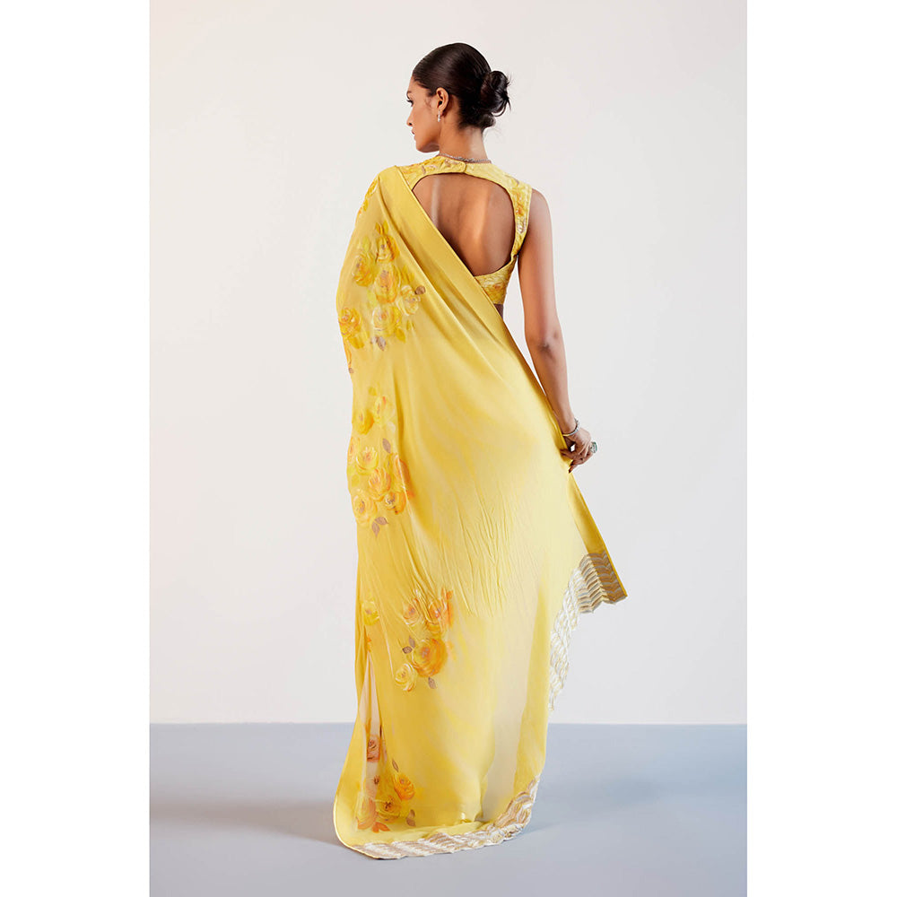 Devnaagri Yellow Hand Painted Embroidered Saree with Stitched Blouse