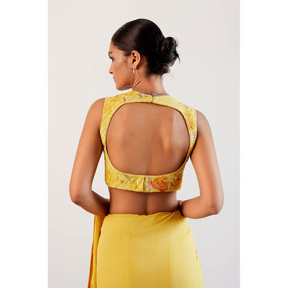 Devnaagri Yellow Hand Painted Embroidered Saree with Stitched Blouse