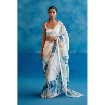 Devnaagri White & Blue Silk Hand Painted Embroidered Saree with Stitched Blouse
