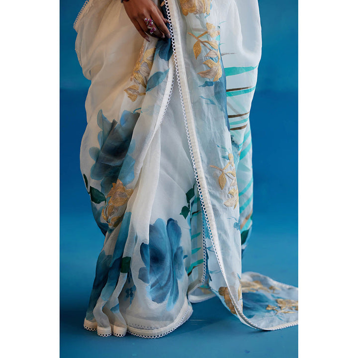 Devnaagri White & Blue Silk Hand Painted Embroidered Saree with Stitched Blouse