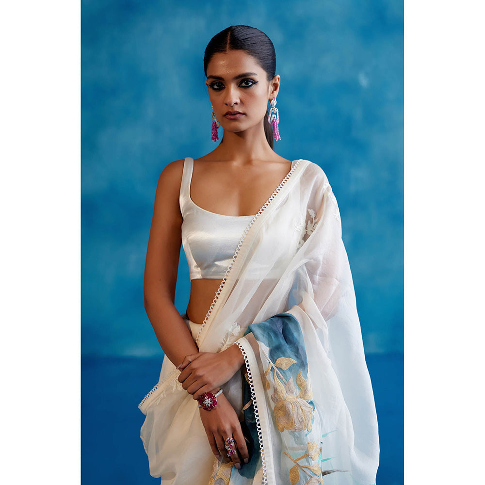 Devnaagri White & Blue Silk Hand Painted Embroidered Saree with Stitched Blouse