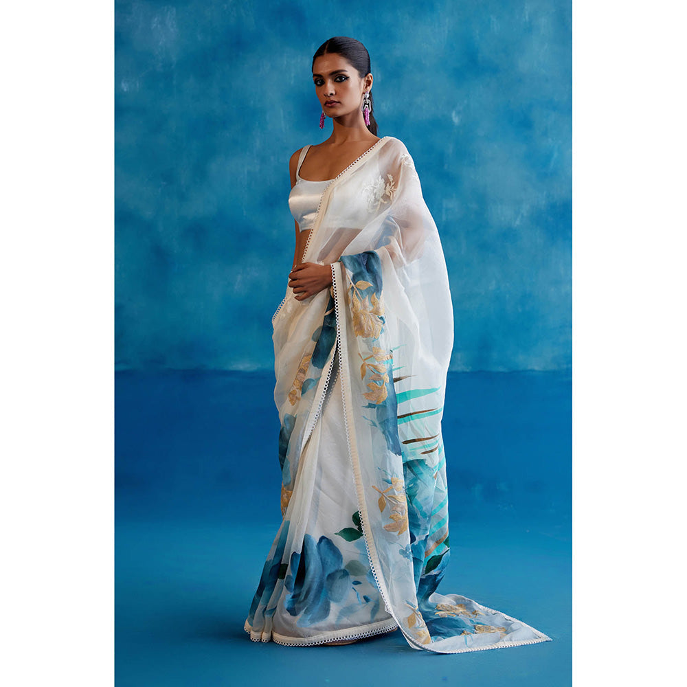 Devnaagri White & Blue Silk Hand Painted Embroidered Saree with Stitched Blouse